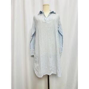 NEW! POUR LES FEMMES LINEN SHIRT DRESS Blue White Cotton Stripe SMALL